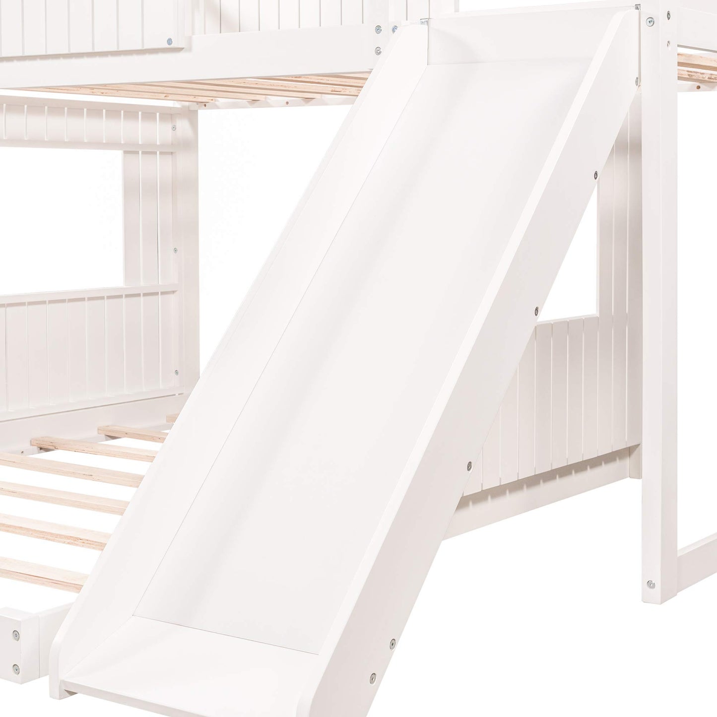 Merax White Twin over Full Bunk Bed with Slide, Safety Guardrails and House Design for Kids - WoodArtSupply