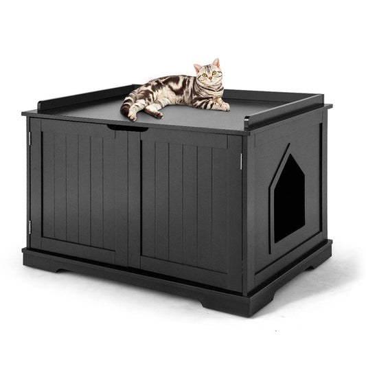 Tangkula Litter Box Enclosure, Cat Litter Box Furniture Hidden, Nightstand Pet House with Double Doors, Indoor Decorative Cat Box Cabinet, Cat Washroom Storage Bench for Large Cat Kitty - WoodArtSupply