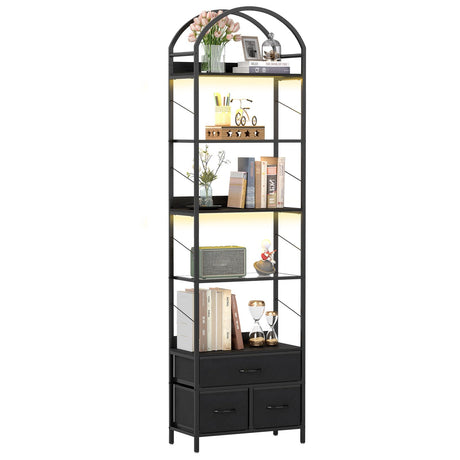 Turosur Arched Bookshelf with 3 Drawers & LED Lights, 83" Tall Narrow Bookcase with Open Shelves, 6 Tier Industrial Bookshelf for Living Room, Bedroom, Study, Black Turosur