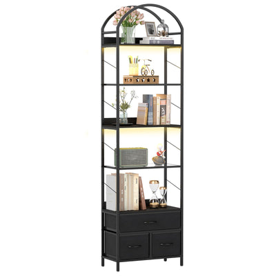 Turosur Arched Bookshelf with 3 Drawers & LED Lights, 83" Tall Narrow Bookcase with Open Shelves, 6 Tier Industrial Bookshelf for Living Room, Bedroom, Study, Black