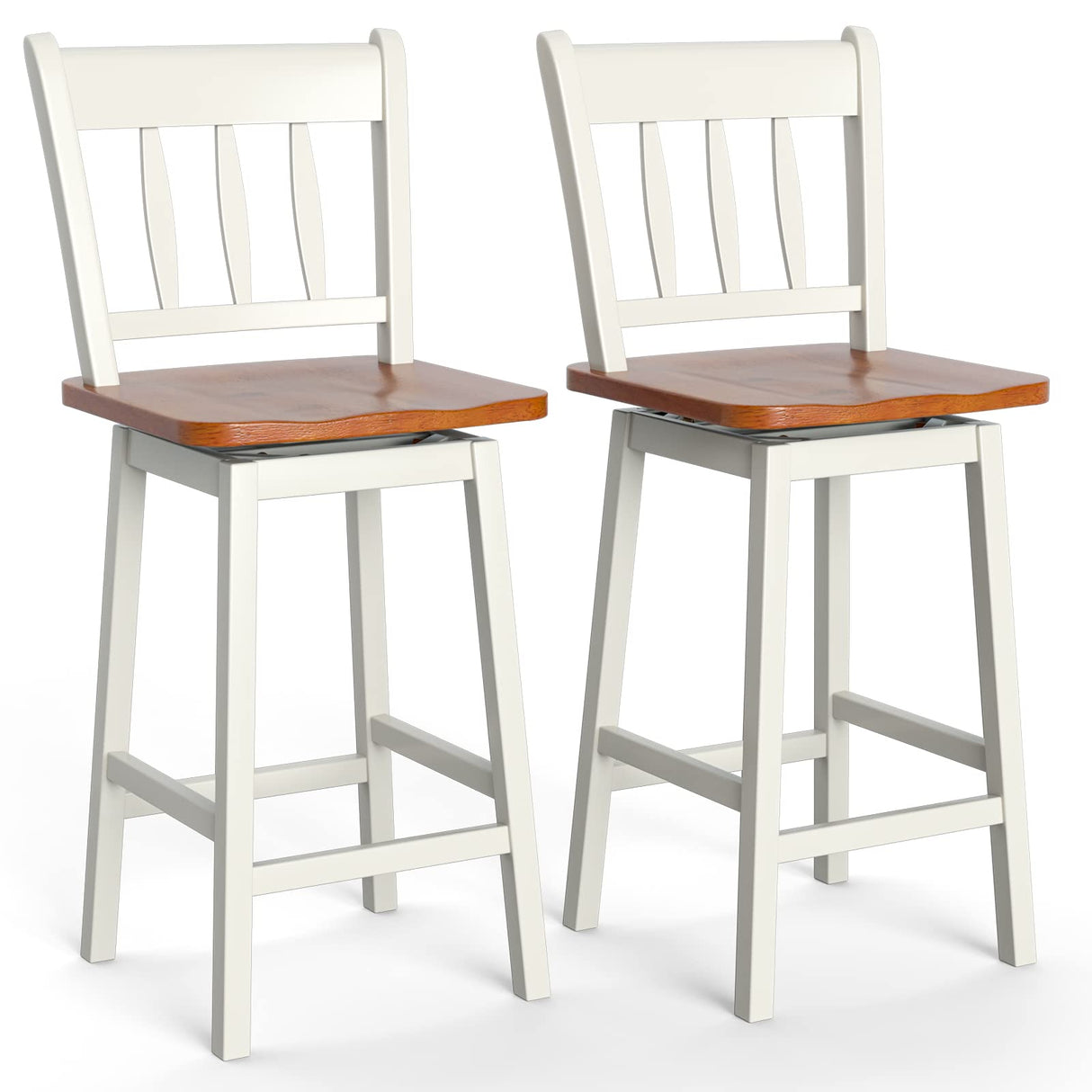 COSTWAY Set of 2 24.5-Inch Swivel Bar Stools in White Rubber Wood with Footrest and Ergonomic Design COSTWAY