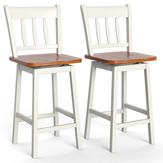 COSTWAY Set of 2 24.5-Inch Swivel Bar Stools in White Rubber Wood with Footrest and Ergonomic Design - WoodArtSupply