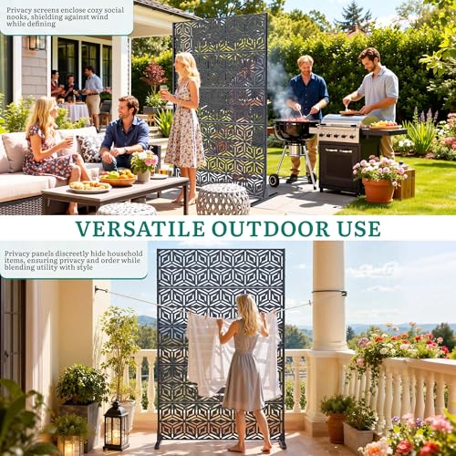 Ultym Metal Privacy Screen with Stand, 5-Panel 72" H×44" W Snowflake Room Divider,Rust-Resistant Steel Fence for Outdoor Indoor, Freestanding Decorative Steel Panel for Patio Garden Balcony Yard Ultym