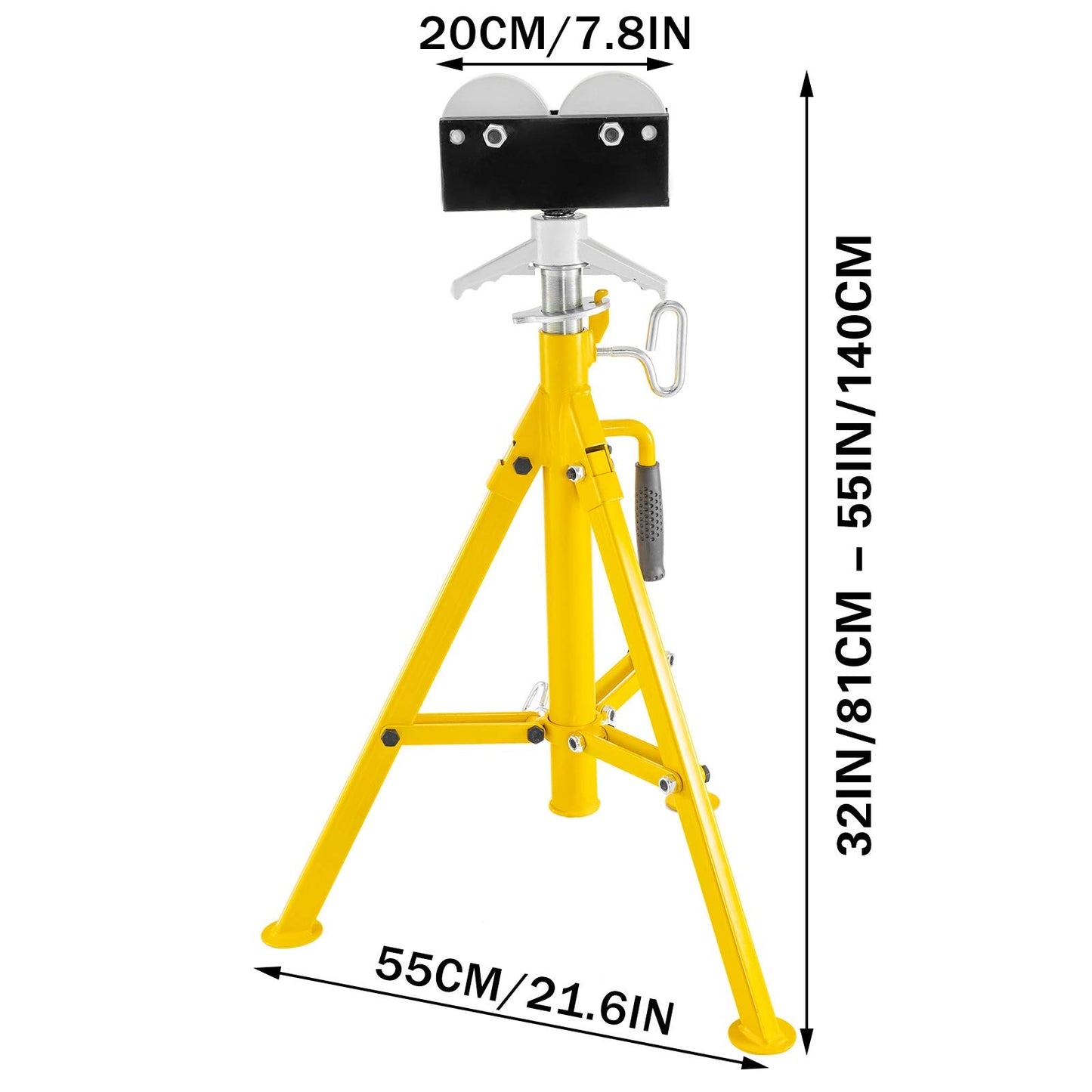 VEVOR 0.5-12 inch Adjustable Height 32"-55" 2500Lb Capacity Portable High Pipe Stand with Roller Head Fold A Trailer Jacks, Yellow - WoodArtSupply