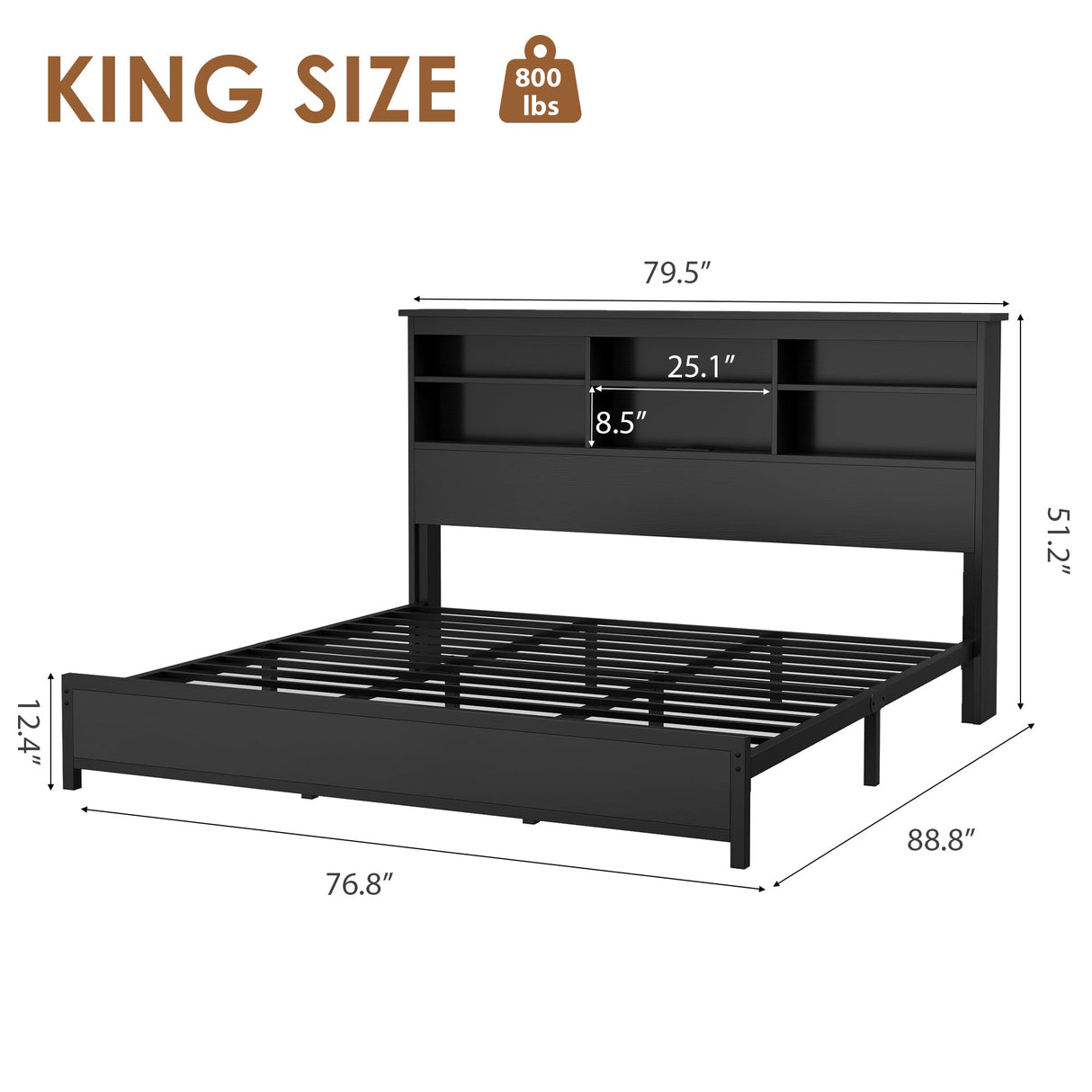 GarveeHome King Size Bed Frame with Bookcase Headboard, 2-Tier Storage King Platform Bed with Charging Station, No Box Spring Needed Easy Assemble Black Mattress Foundation GarveeHome