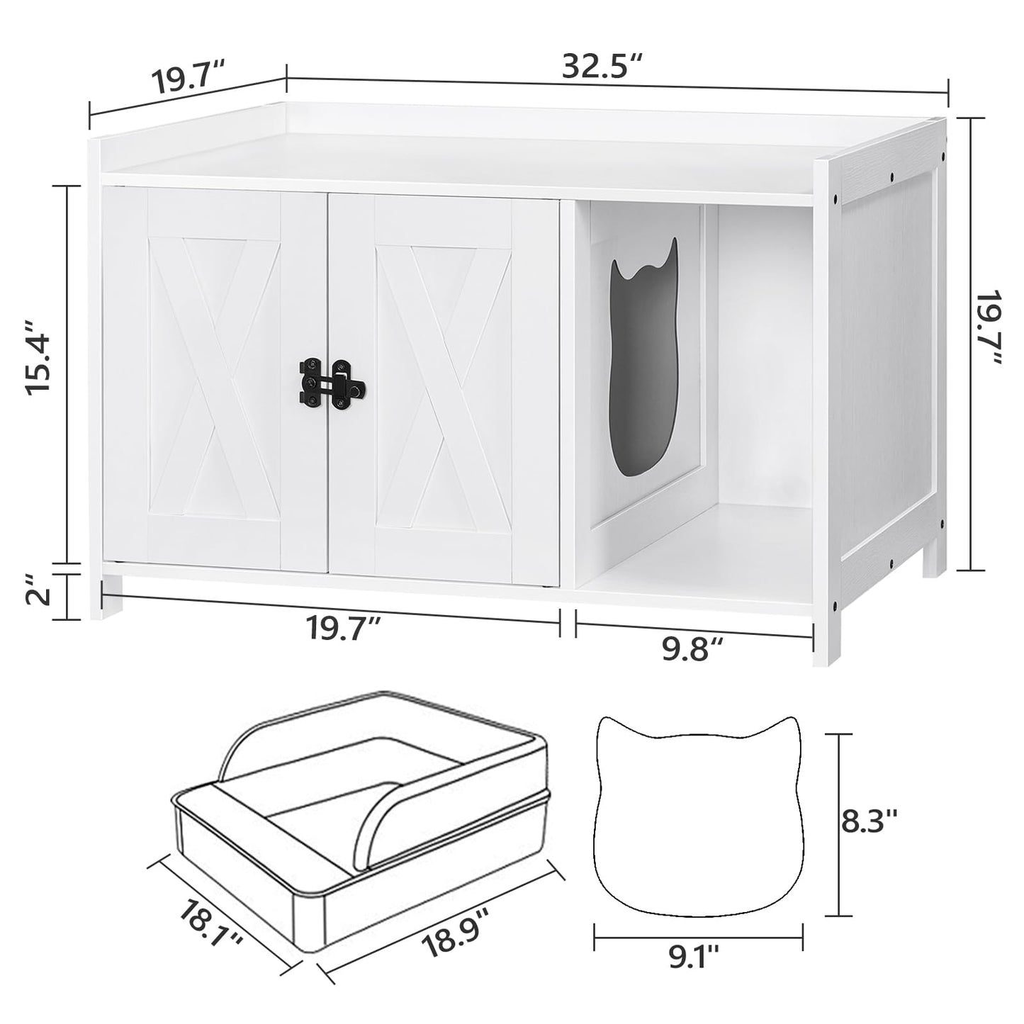 MAHANCRIS Cat Litter Box Enclosure, Hidden Litter Box Furniture with Divider, Wooden Cat Washroom Storage Cabinet Bench, Indoor Cat House as Table Nightstand, for Living Room, Bedroom, White  - WoodArtSupply