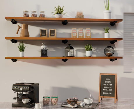 HDDFER Industrial Pipe Wall Wood Shelves,Real Wooden Shelves 72" in Special Brown Color with 1.2" Extra Thickness, Modern Floating Shevles Bookshelf Shelving Units for Rustic Farmhouse Decor HDDFER