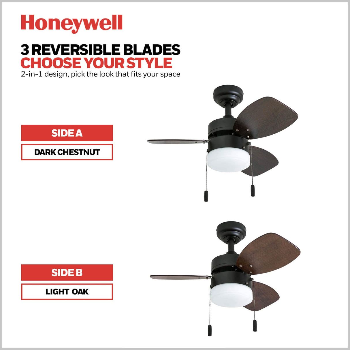 Honeywell Ceiling Fans Ocean Breeze Modern 30 Inch Ceiling Fan with Light, Pull Chain LED Indoor Fan with 3 Blades, Dark Brown Chestnut and Light Oak Blade Finish Options, Gilded Espresso (50602-01) Honeywell Ceiling Fans