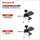 Honeywell Ceiling Fans Ocean Breeze Modern 30 Inch Ceiling Fan with Light, Pull Chain LED Indoor Fan with 3 Blades, Dark Brown Chestnut and Light Oak Blade Finish Options, Gilded Espresso (50602-01) Honeywell Ceiling Fans