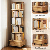 Furnuniq 360° 6 Tier Rotating Bookshelf with Drawer and Wheels, Tall Bookcase for Small Spaces, Corner Shelf for Bedroom, Living Room, Office, Wood Bookshelf, Natural Furnuniq