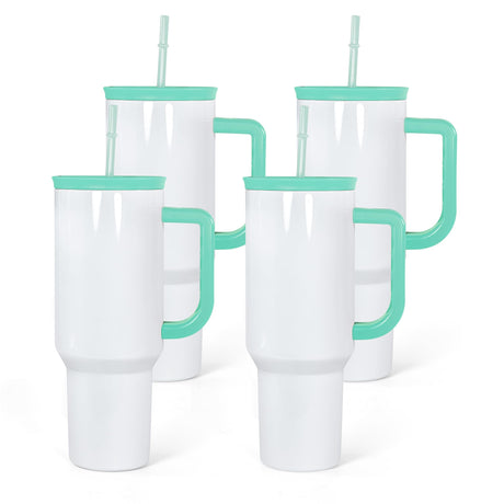 FECBK 40oz Sublimation Tumbler with Handle and Straw, Leak-Proof Insulated Tumblers Bulk Keeps Cold for 34 Hours, Stainless Steel Double Wall Vacuum Insulated Sublimation Blank, Mint, 4 Pack FECBK