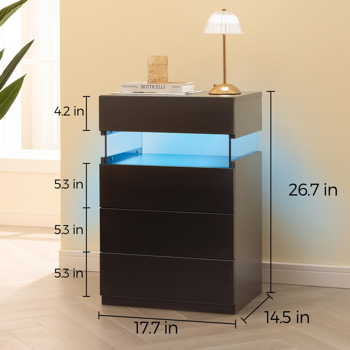 Bingoday LED Nightstands Set of 2 Night Stands for Bedrooms Set of 2 Modern Black Nightstands with 4 Drawers Wide LED Nightstand Bedside Table Bingoday