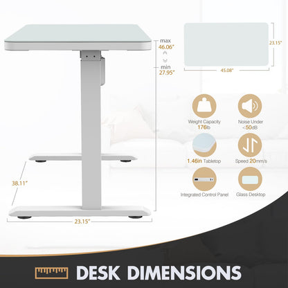 ADOFFUR Glass Standing Desk with Drawer, Electric Height Adjustable Home Office Desk with USB Ports,Sit Stand Up Desk with Tempered Glass Top, Memory Presets - White