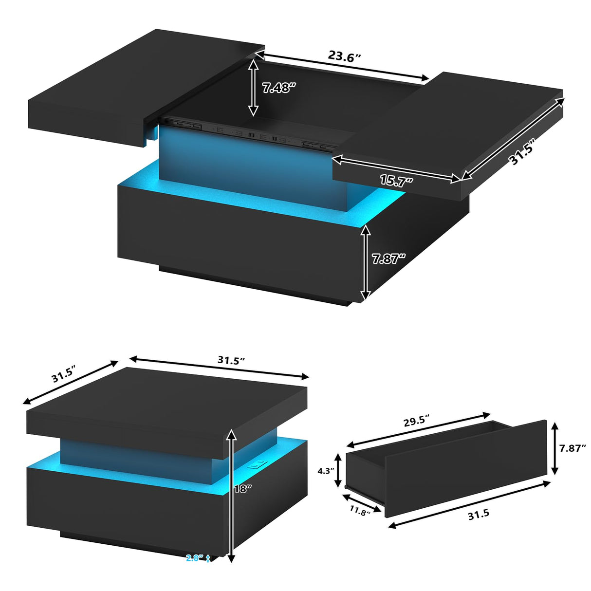 31.5" Square Coffee Table with Sliding Top and Charging Station, Black Coffee Tables with LED Lights and Storage Drawer for Living Room, Modern Center Table with Hidden Compartment, Cabinet Gacfiew