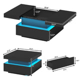 31.5" Square Coffee Table with Sliding Top and Charging Station, Black Coffee Tables with LED Lights and Storage Drawer for Living Room, Modern Center Table with Hidden Compartment, Cabinet Gacfiew
