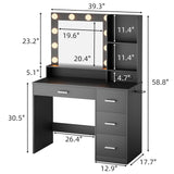 JUMMICO 39.3'' Vanity Desk with LED Lighted Mirror &Power Outlet, Makeup Vanity Table with 4 Large Drawers and 3 Storage Shelves, 3 Model Adjustable Lights for Bedroom & Dressing Room(Black) JUMMICO