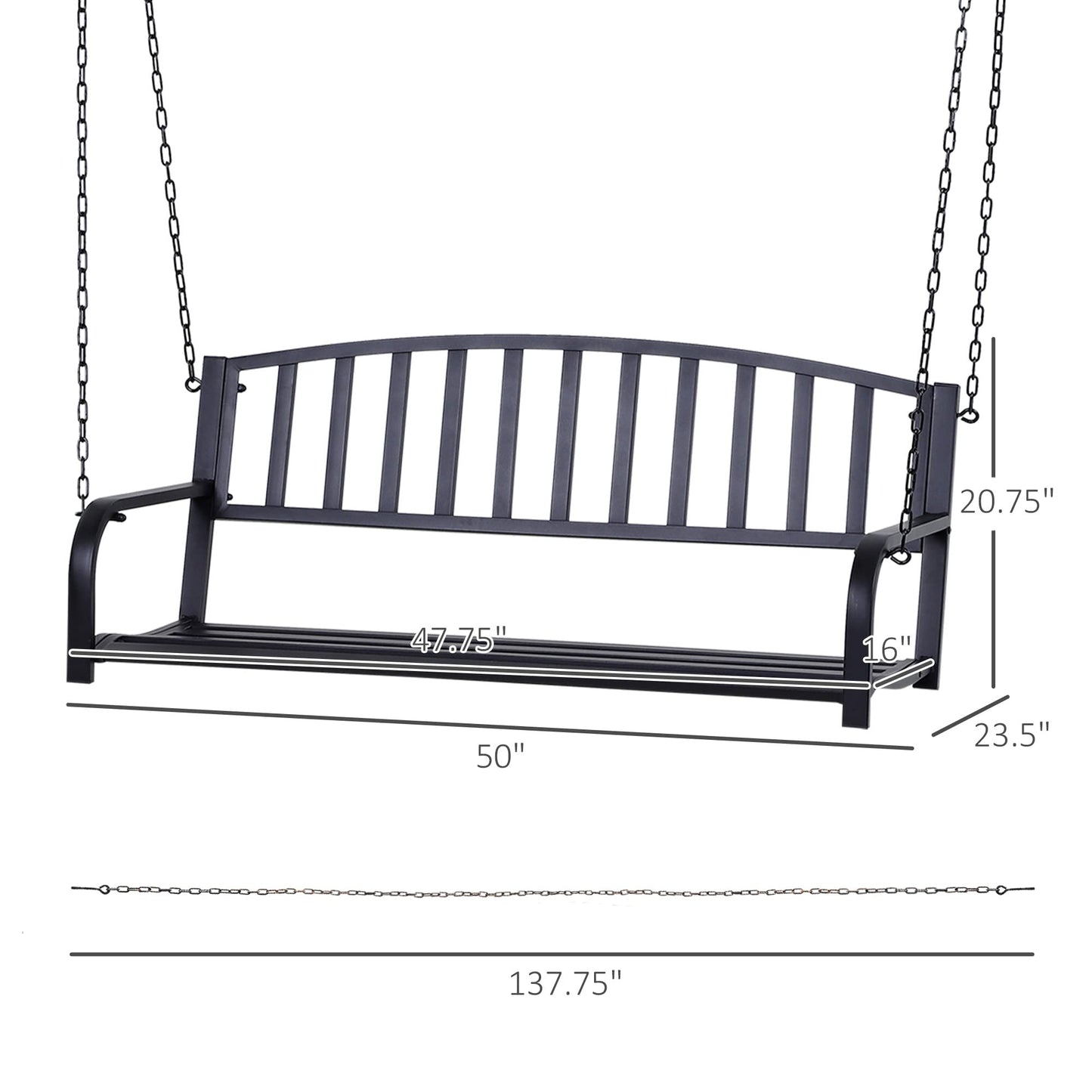 Outsunny 2 Person Front Porch Swing Patio Swing Bench, Outdoor Steel Swing Chair with Sturdy Chains, for Backyard, Deck, 528 lb Weight Capacity, Black - WoodArtSupply