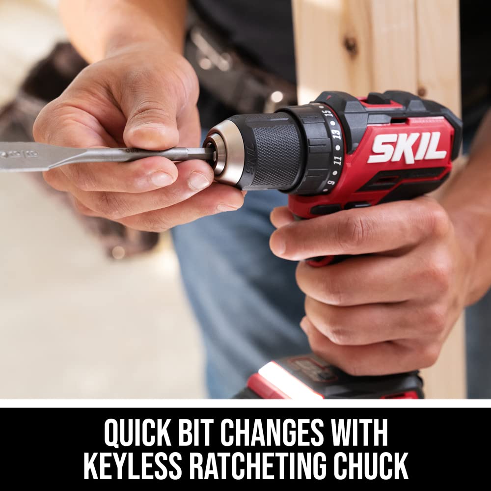 SKIL PWR CORE 20 Brushless 20V 1/2 In. Compact Varible-Speed Drill Driver Kit with 1/2'' Single-Sleeve, Keyless Ratcheting Chuck & LED Worklight Includes 2.0Ah Battery and PWR JUMP Charger-DL6293B-10 Skil