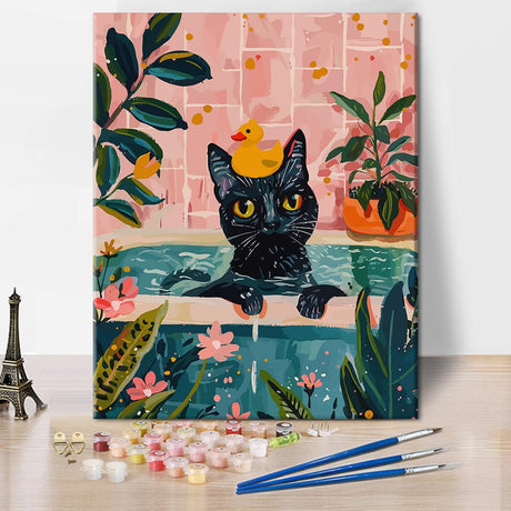 DIY Paint by Numbers for Adults Bathroom Cat DIY Acrylic Paint Kit Black Cat in a Pink Bathroom Easy Painting by Numbers Canvas for Decor Funny Bathing Animal Painting Kits on Canvas(40x50cm) TUMOVO