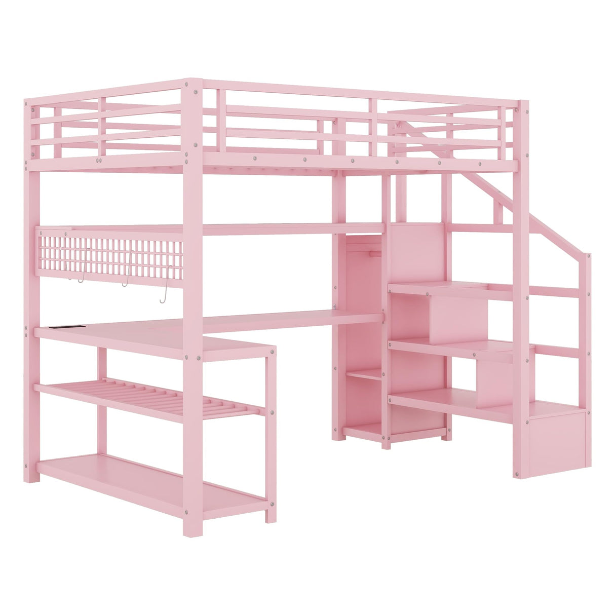 Full Size Loft Bed with LED Light and Stairs, Metal Loft Bed Frame with Desk, Storage Drawers & Shelves, Hanging Rod, Gaming Lofts Beds with Charging Station for Adults Teens Kids Gamer, Pink Mirightone
