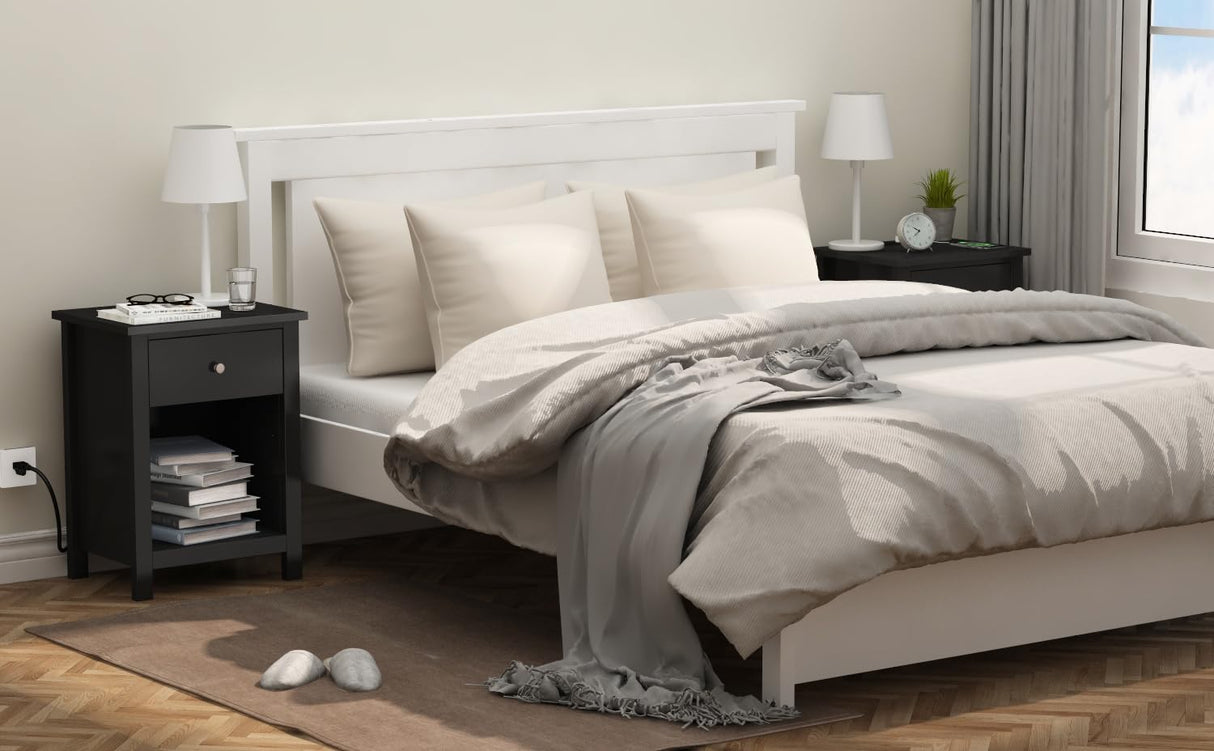 ChooChoo Black Nightstand Set of 2,Night Stand with Charging Station, Wooden Top Bedside End Table with Drawer and Storage Space for Bedroom ChooChoo