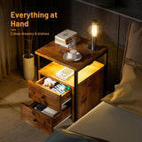 YILQQPER Nightstand with LED Light, Charging Station, 2 Deep Drawers & Shelves, Wood Night Stand Bed Side End Table for Bedroom & Living Room, Rustic Brown YILQQPER