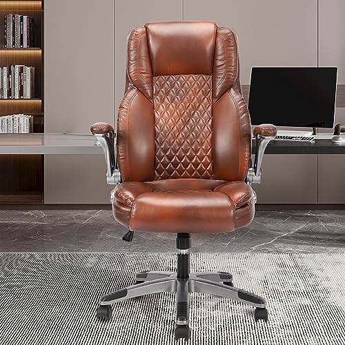 REFICCER Brown Leather Office Chair with Flip up Arms, High Back Ergonomic Executive Office Chairs with Wheels, 90-120° Rocking Office Desk Chair with Lumbar Support, Swivel Task Chairs REFICCER