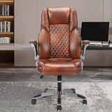 REFICCER Brown Leather Office Chair with Flip up Arms, High Back Ergonomic Executive Office Chairs with Wheels, 90-120° Rocking Office Desk Chair with Lumbar Support, Swivel Task Chairs REFICCER