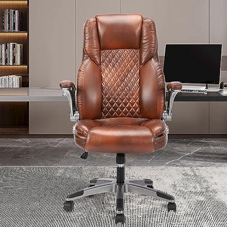 REFICCER Brown Leather Office Chair with Flip up Arms, High Back Ergonomic Executive Office Chairs with Wheels, 90-120° Rocking Office Desk Chair with Lumbar Support, Swivel Task Chairs REFICCER