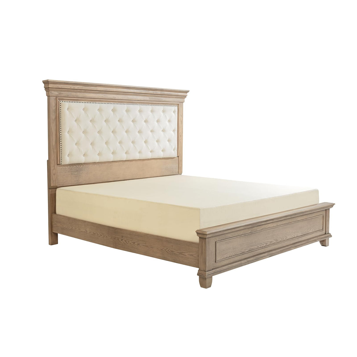 AMERLIFE 68.1" H King Size Bed Frame with Upholstered Headboard, Solid Wood Farmhouse Platform Bed, Architectural Design, No Box Spring Needed, Light Oak AMERLIFE