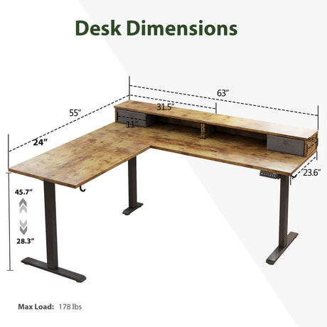 Agilestic L Shaped Electric Standing Desk with 2 Drawers, 63 Inch Ergonomic Adjustable Height Desk with Storage, Corner Desk Sit Stand up Computer Table for Work Office Home, Rustic Brown Agilestic