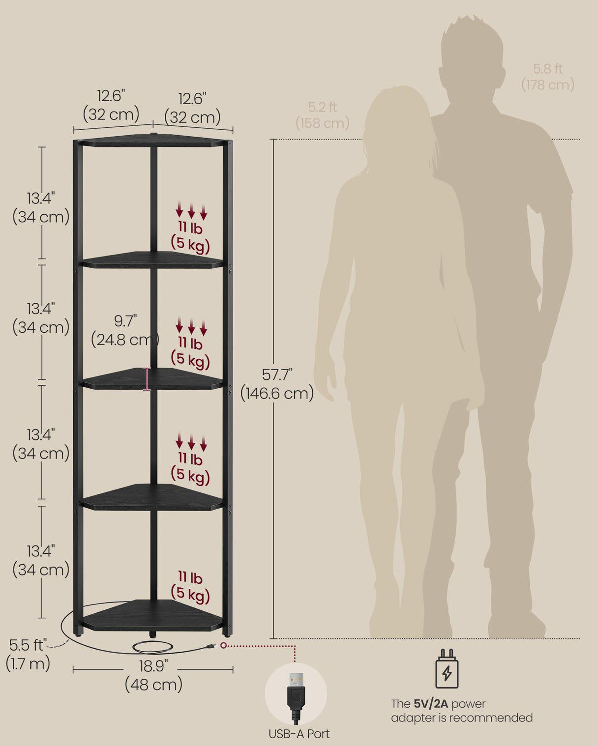 VASAGLE Corner Shelf Stand with LED Lights, 5-Tier Corner Bookshelf, Storage Shelf with Steel Frame, 9.8 x 18.9 x 57.7 Inches, for Living Room, Bedroom, Study, Ebony Black ULBC590B01 VASAGLE