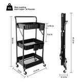 3 Tier Foldable Rolling Cart with Wheels, Folding Utility Cart Organizer, Collapsible Rolling Storage Cart with 3 Hanging Cups & 6 Hooks for Kitchen, Office, Nursery(Black) Amatic