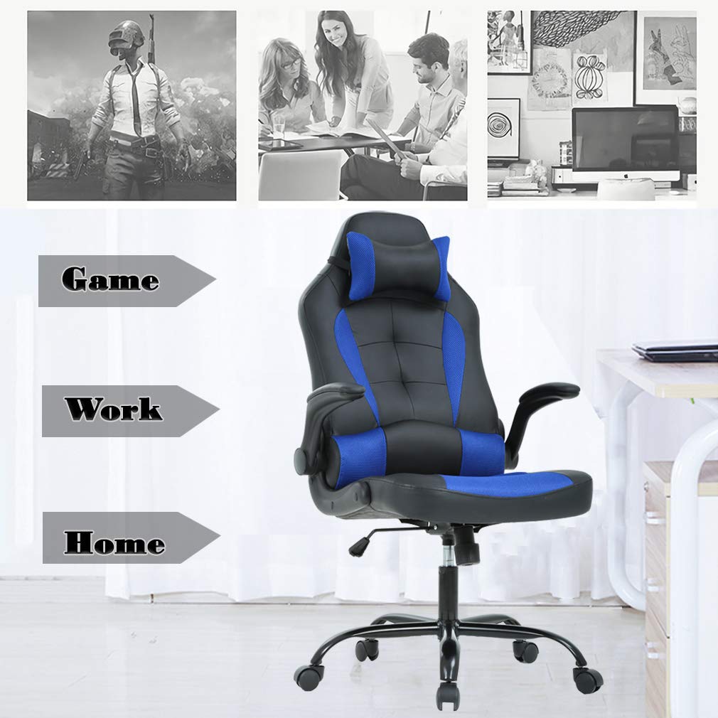 Gaming Chair Office Chair Desk Chair with Lumbar Support Flip Up Arms Headrest PU Leather Swivel Rolling Adjustable High Back Racing Computer Chair for Women Men Adults,Blue BestOffice
