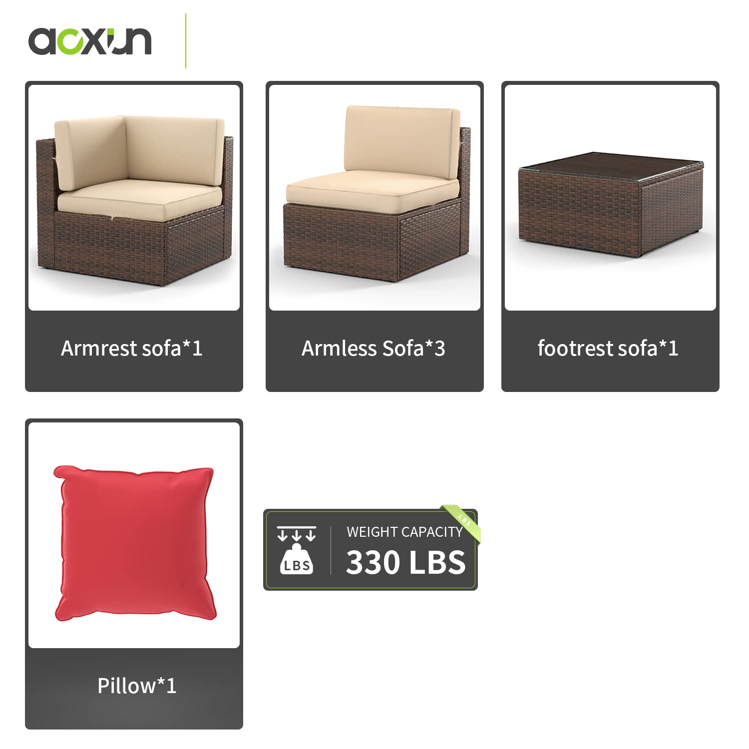 Aoxun 5-Piece Patio Furniture Set Wicker Rattan Conversation Set Outdoor Sectional Sofa Removable Cushions and Tempered Glass Coffee Table Suitable for Small Size (Brown) - WoodArtSupply