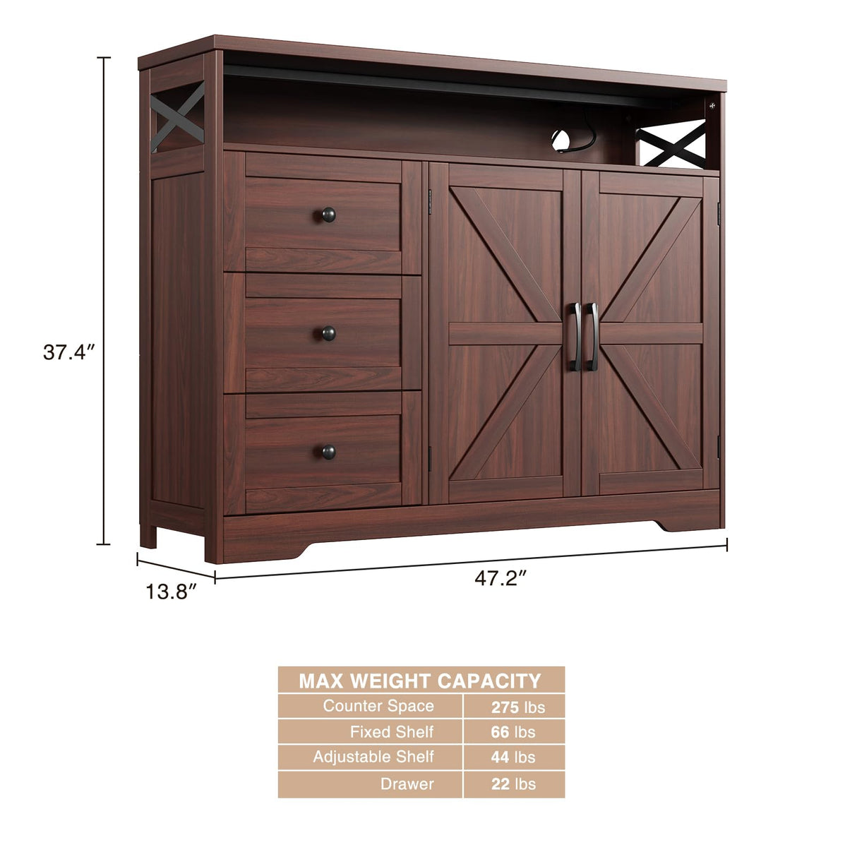 47" Dark Brown Farmhouse Storage Cabinet with Barn Doors and Drawers, Sideboard Buffet Cabinet with Storage, Kitchen Pantry Hutch, Coffee Bar Station Table for Kitchen, Living, Dining Room FiveWillowise