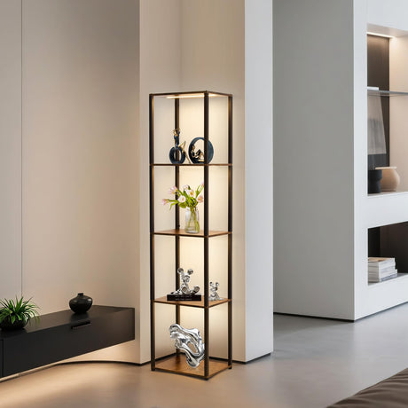 Weaboopre Display Shelf with Lights, 3 Color Temperature & Brightness Curio Collectible Floor Lamp with Shelves, Sturdy Metal Display Cabinet for Living Room, Bedroom, Office Decor Rustic Brown Weaboopre