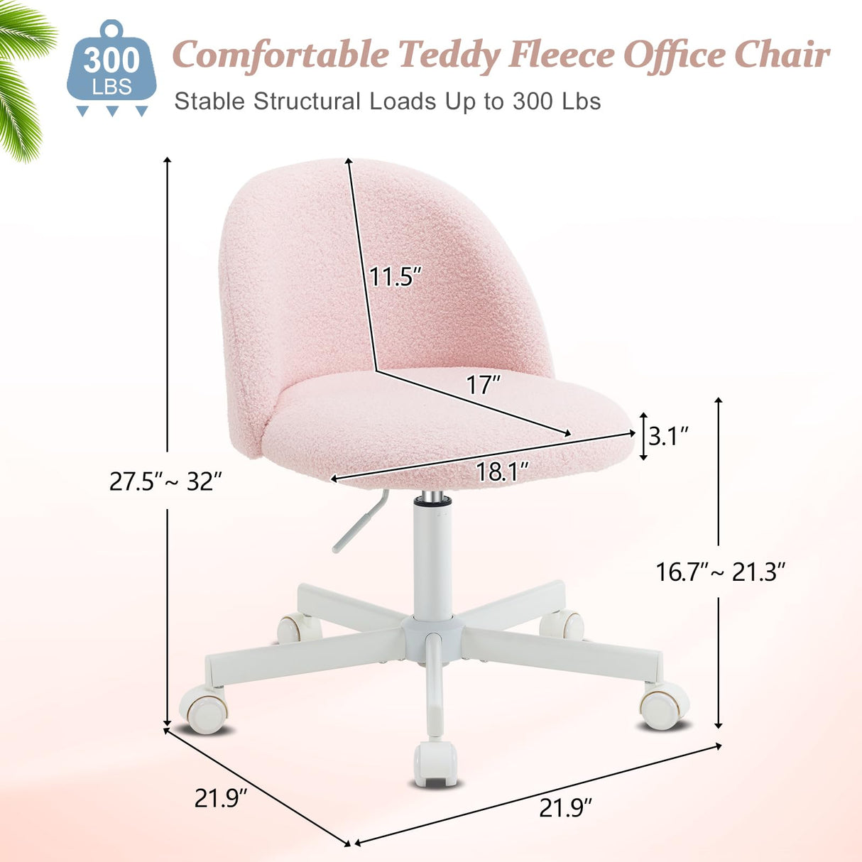 VINGLI Candy Chair Armless Cute Desk Chair,Comfy Small Office Chair with Wheels,Vanity Chair with Lumbar Support,Teddy Adjustable Rolling Swivel Computer Task Chair for Home Office,Bedroom,Gentle Pink VINGLI