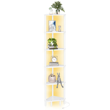 IRCPEN 6 Tier Corner Shelf with LED Light, 66.5'' Tall Standing Shelf, Narrow Display Shelf Stand, Modern Corner Bookshelf, Plant Stand, Corner Bookcase for Living Room, Bedroom, Small Space LCS502WE IRCPEN