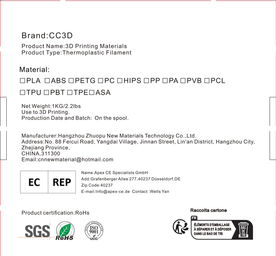 CC3D Flexible 55D TPE Filament Natural White 1.75mm 1KG Shore Hardness 95A Similar TPE Filament 3D Printer Filament FDM 3D Printing Material White Color CC3D