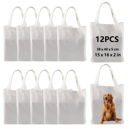 OKBA 12 pcs Sublimation Tote Bags bulk,polyester tote bags for sublimation, blank canvas tote bags,reusable shopping bag 15 * 16 * 2 in