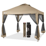 CROWN SHADES 10x10 Pop up Canopy Tent, Pop Up Gazebo with Mosquito Netting, 4 Ropes, 8 Stakes, 4 Sandbags, Wheeled Storage Bag, 10x10 Outdoor Canopy for Patio, Yard (Beige) CROWN SHADES