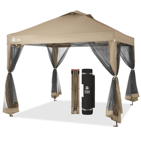CROWN SHADES 10x10 Pop up Canopy Tent, Pop Up Gazebo with Mosquito Netting, 4 Ropes, 8 Stakes, 4 Sandbags, Wheeled Storage Bag, 10x10 Outdoor Canopy for Patio, Yard (Beige) CROWN SHADES