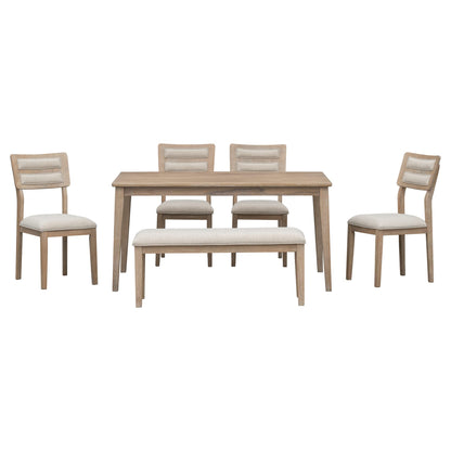 Merax 6 Piece Kitchen Dining Table Set, 60 inch Wooden Rectangular Table with 4 Upholstered Chairs and a Bench, Dining Room Table Set for 6 People, Living Room Furniture (Natural Wood Wash)