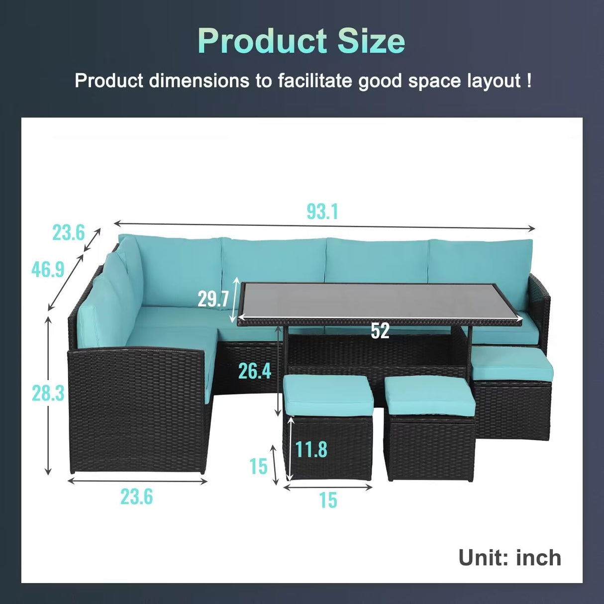 Patio Dining Sets 7 Pieces Outdoor Table and Chairs Patio Dining Table Set with Space Saving Rattan Chairs Outdoor Backyard Porch Poolside Balcony Garden Furniture with Coffee Table (Blue) PayLessHere