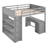 Full Loft Bed with Desk and Storage Bookcase Shelves,Solid Wood Loft Bed Frame with Storage Drawers and Built-in Ladders,Muti-functional High Loft Bed for Kids Boys Girls Teens(Grey) Harper & Bright Designs