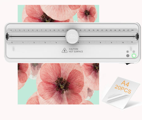 Laminator Machine with 20 Laminating Sheets, 9 Inch Cold & Thermal Laminator with Built-in Paper Cutter, Personal Laminating Machine for Office School Business (White) Locamp