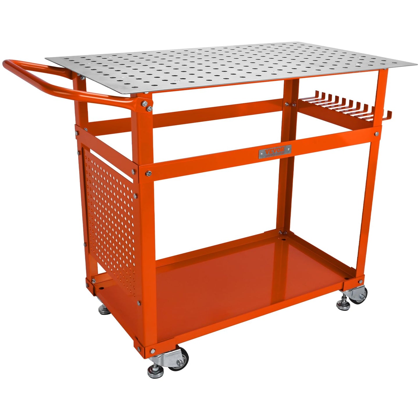 VEVOR Welding Table Moveable 36"x24", Welding Workbench Table 600lbs on Wheels, Portable Work Bench with Double-Layer Storage Board and 11 Hooks - WoodArtSupply