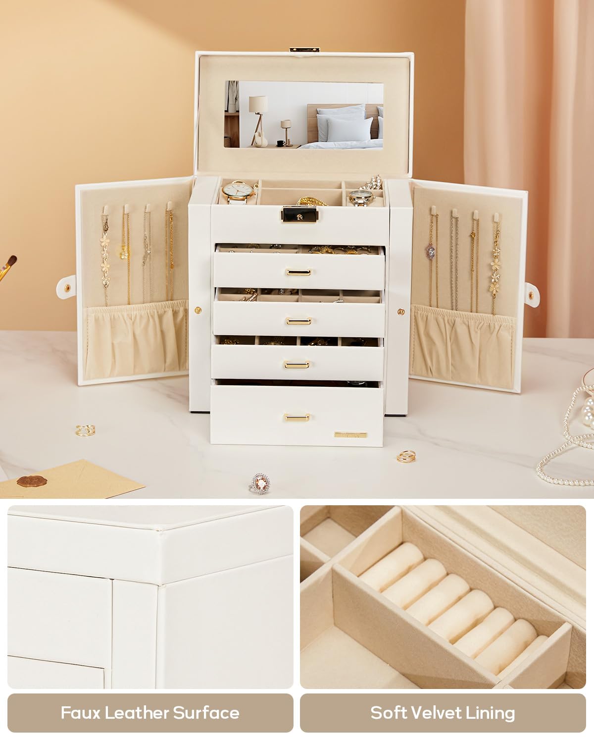 Homde Synthetic Leather Huge Jewelry Box Mirrored Watch Organizer Necklace Ring Earring Storage Lockable Gift Case (White + Gold) Homde