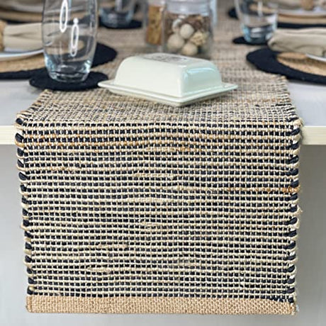 Chardin home Natural Jute Table Runner 13x72 Inch – Vintage Boho Rustic Table Decor – Handwoven Table Runner in Natural Jute and Black – Farmhouse Dining or Console Table Accent Chardin home